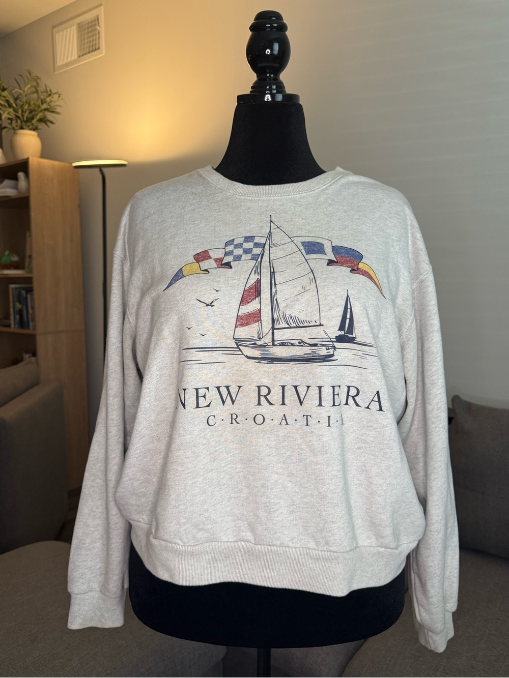 Hollister Gray Crewneck Sweatshirt with Nautical Sailboat Graphic